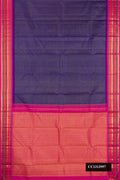 Navy Blue Dual Tone Kanchipuram Silk Saree with Stripes on the body and Fancy Border.  displayed on a mannequin