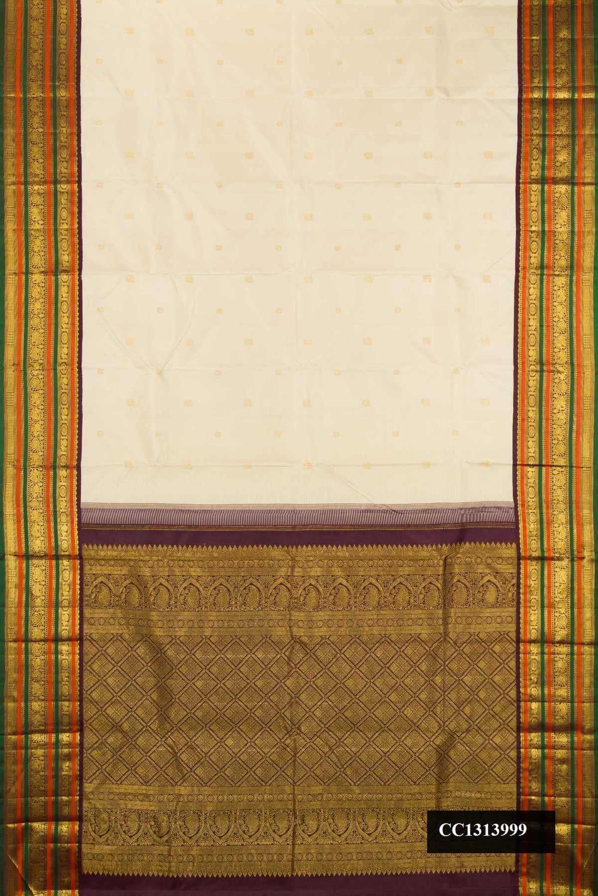 Pista Green Dual Tone Kanchipuram Silk Saree with Zari Butta on the body and Fancy Border.  displayed on a mannequin