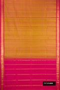 Mustard Dual Tone Kanchipuram Silk Saree with Plain Body and Zari Border.  displayed on a mannequin