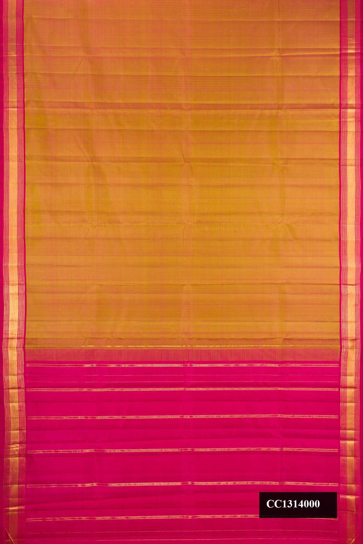 Mustard Dual Tone Kanchipuram Silk Saree with Plain Body and Zari Border.  displayed on a mannequin