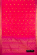 Coral Dual Tone Kanchipuram Silk Saree with Zari Butta on the body and Zari Border.  displayed on a mannequin