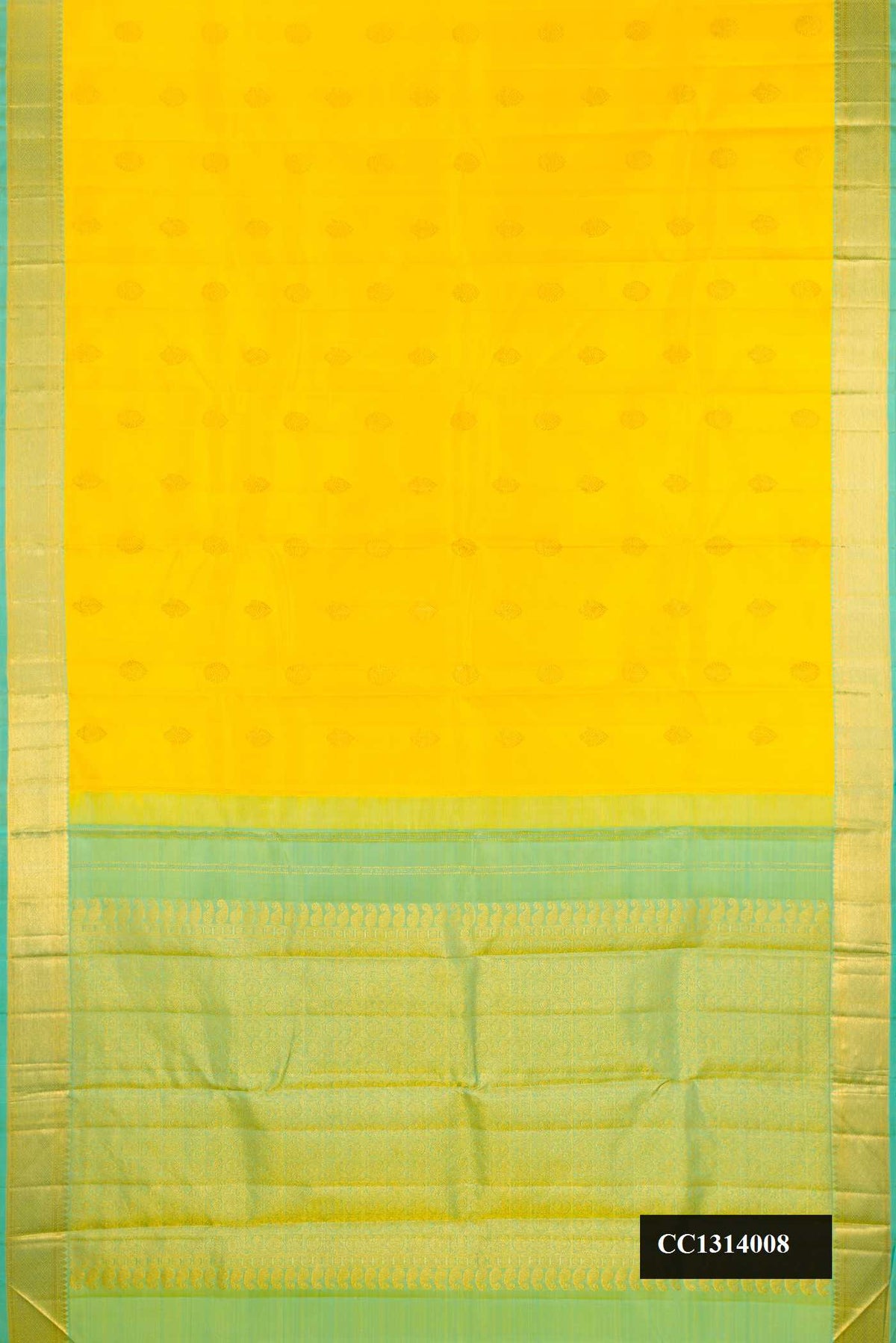 Lemon Yellow Dual Tone Kanchipuram Silk Saree with Zari Butta on the body and Zari Border.  displayed on a mannequin