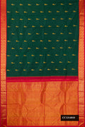 Bottle Green Dual Tone Kanchipuram Silk Saree with Zari Butta on the body and Zari Border.  displayed on a mannequin