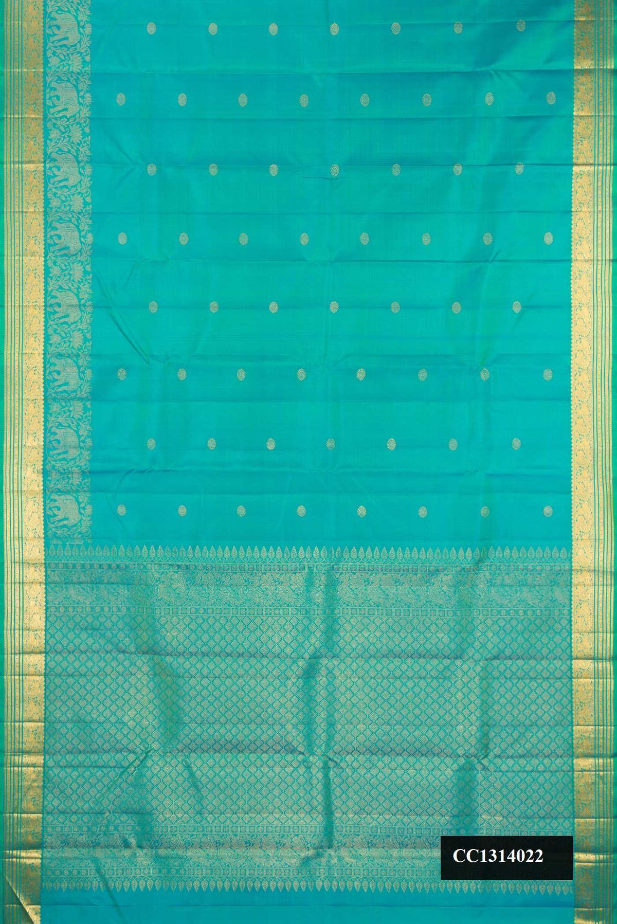 Sea Green Dual Tone Kanchipuram Silk Saree with Zari Butta on the body and Fancy Border.  displayed on a mannequin
