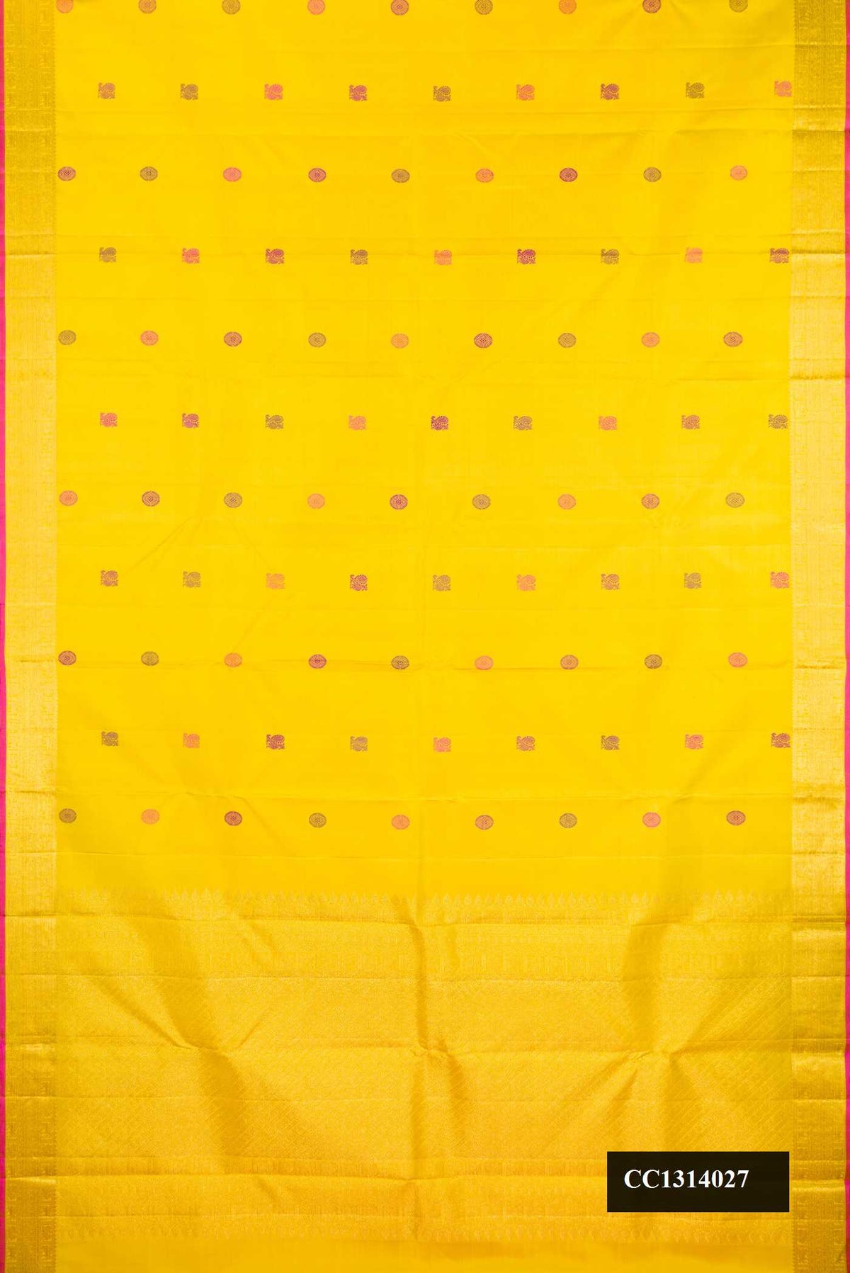 Yellow Dual Tone Kanchipuram Silk Saree with Thread Butta on the body and Zari Border.  displayed on a mannequin