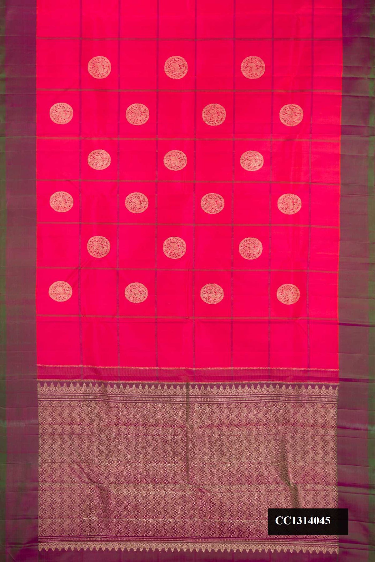 Coral Dual Tone Kanchipuram Silk Saree with Checked design on the body and Plain Border.  displayed on a mannequin