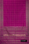 Magenta Dual Tone Kanchipuram Silk Saree with Checked design on the body and Zari Border.  displayed on a mannequin