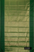 Bottle Green Dual Tone Kanchipuram Silk Saree with Stripes on the body and Plain Border.  displayed on a mannequin