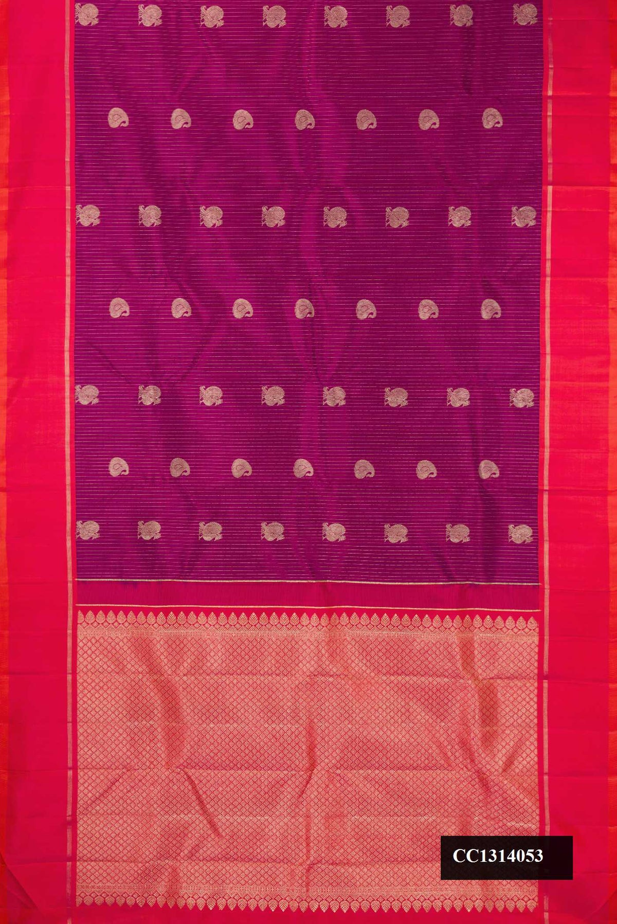 Purple Dual Tone Kanchipuram Silk Saree with Stripes on the body and Zari Border.  displayed on a mannequin