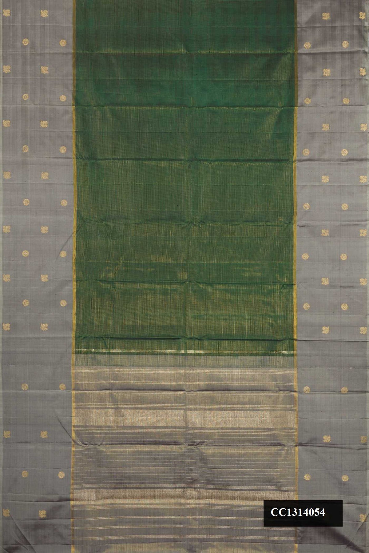 Bottle Green Dual Tone Kanchipuram Silk Saree with Stripes on the body and Fancy Border.  displayed on a mannequin