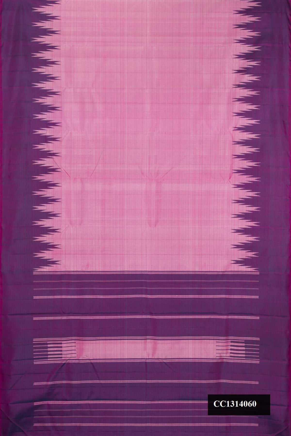 Lavender Dual Tone Kanchipuram Silk Saree with Plain Body and Temple Border.  displayed on a mannequin