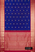 Royal Blue Dual Tone Kanchipuram Silk Saree with Zari Butta on the body and Zari Border.  displayed on a mannequin