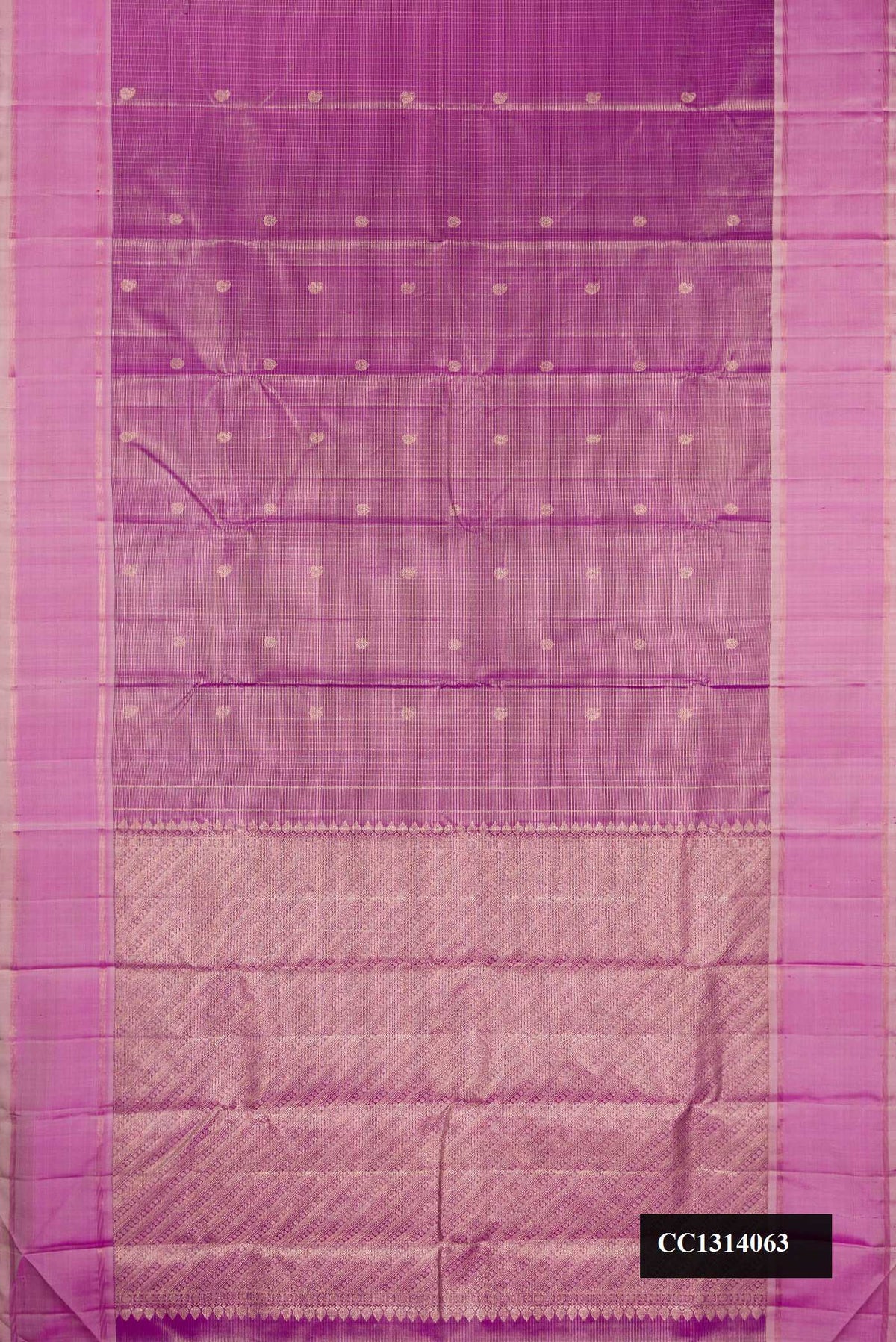 Purple Dual Tone Kanchipuram Silk Saree with Stripes on the body and Zari Border.  displayed on a mannequin