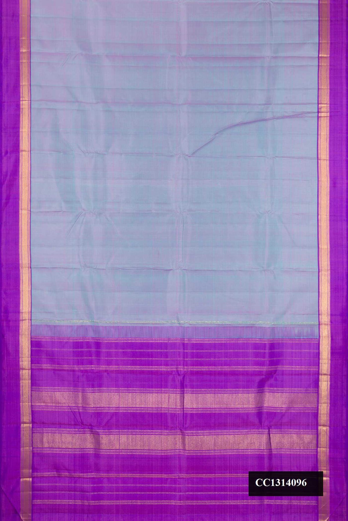 Light Blue Dual Tone Kanchipuram Silk Saree with Plain Body and Zari Border.  displayed on a mannequin