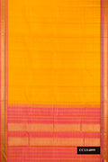 Mustard Dual Tone Kanchipuram Silk Saree with Plain Body and Fancy Border.  displayed on a mannequin