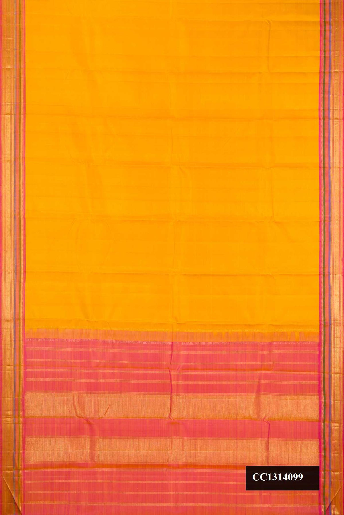 Mustard Dual Tone Kanchipuram Silk Saree with Plain Body and Fancy Border.  displayed on a mannequin