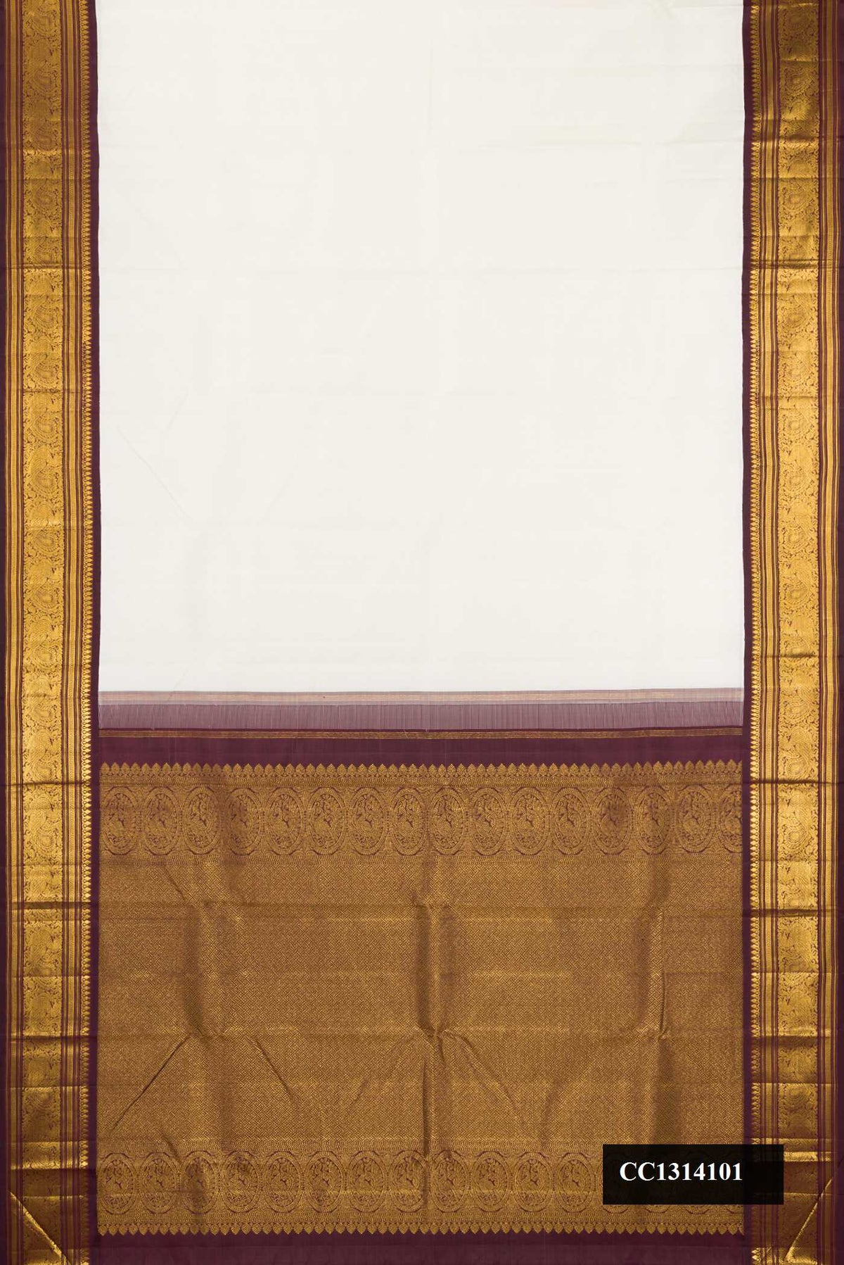 White Dual Tone Kanchipuram Silk Saree with Plain Body and Zari Border.  displayed on a mannequin