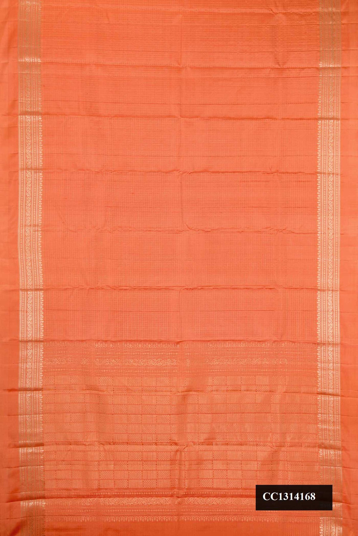 Orange Dual Tone Kanchipuram Silk Saree with Checked design on the body and Zari Border.  displayed on a mannequin