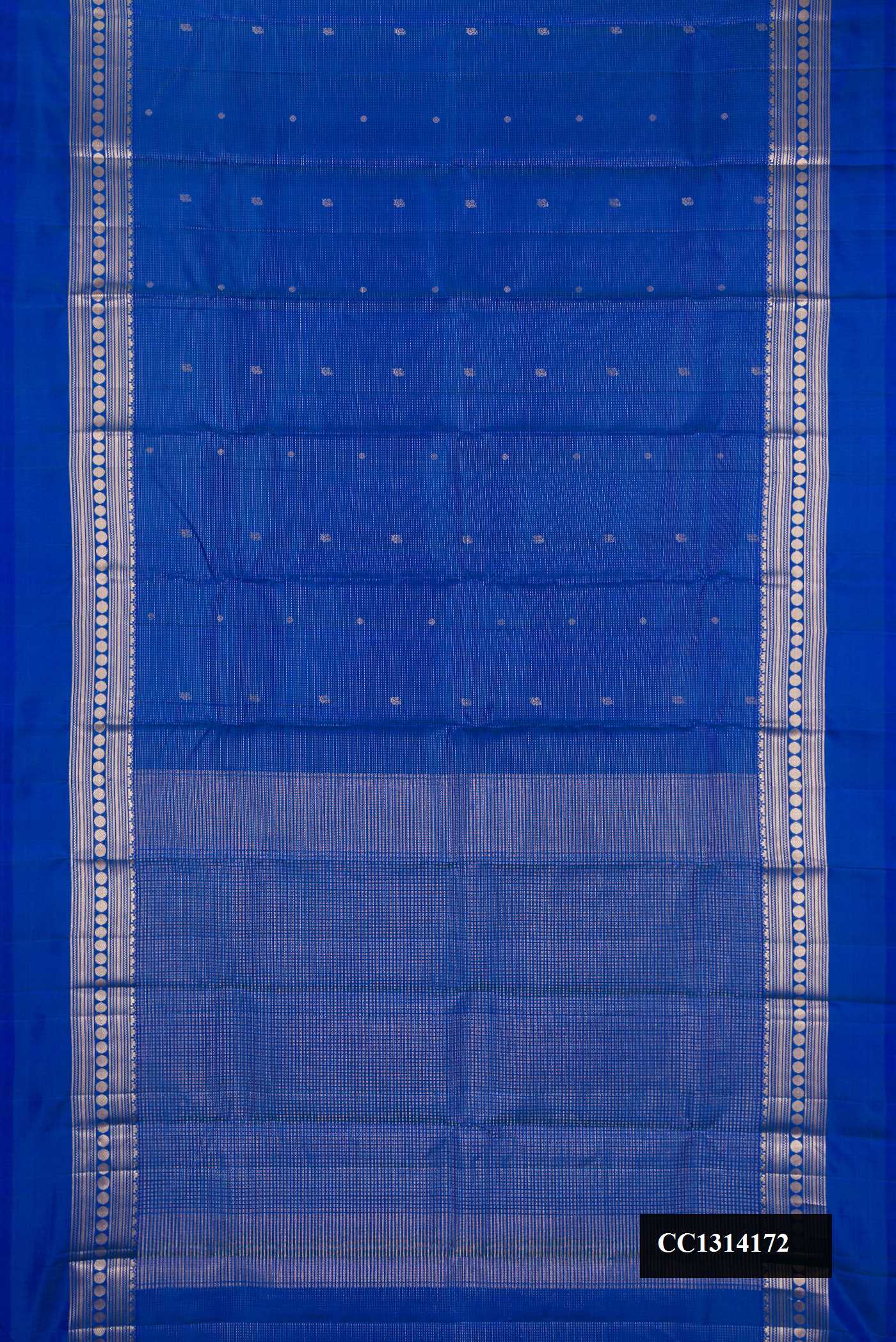 Royal Blue Dual Tone Kanchipuram Silk Saree with Stripes on the body and Zari Border.  displayed on a mannequin