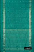 Green Dual Tone Kanchipuram Silk Saree with Stripes on the body and Zari Border.  displayed on a mannequin