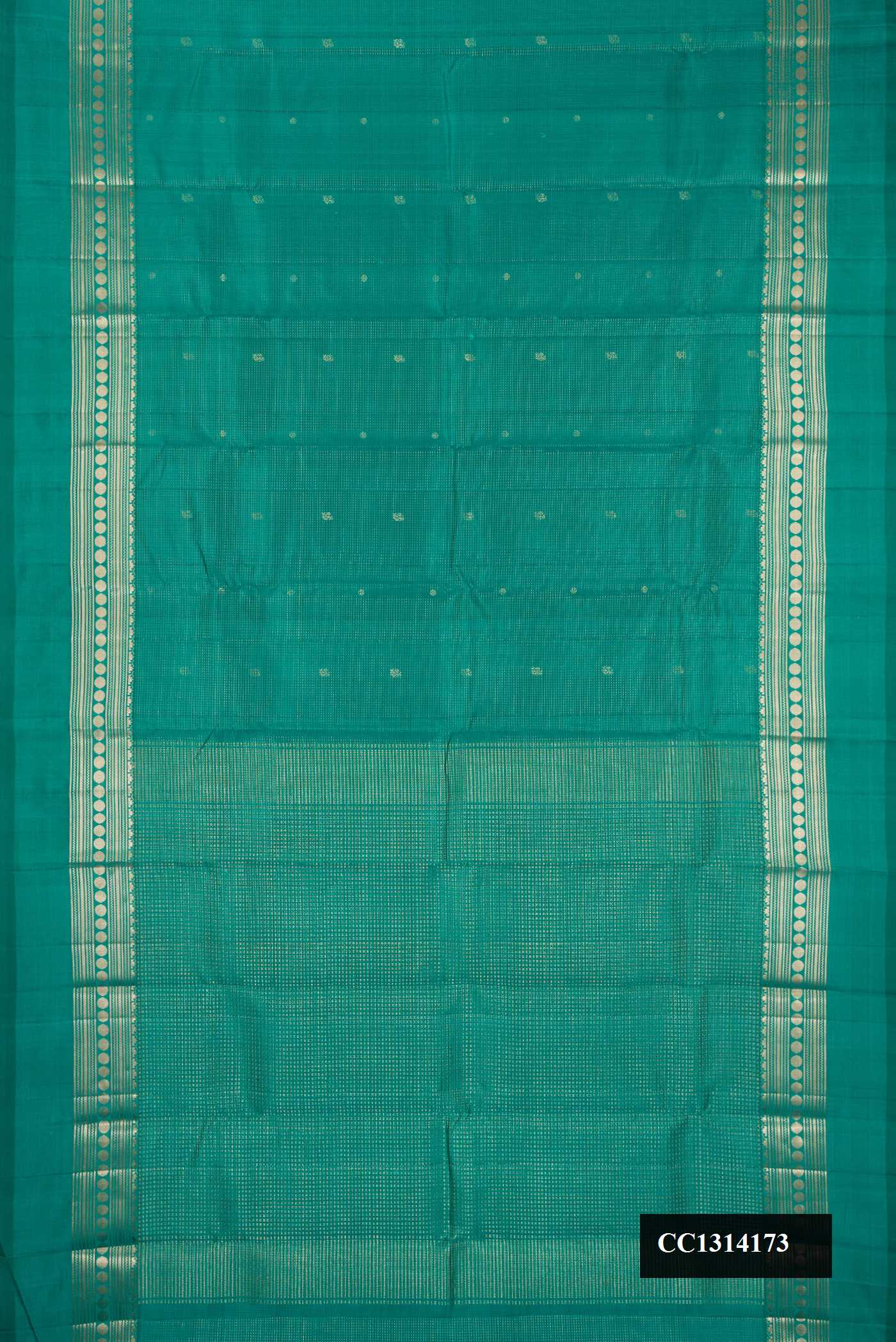 Green Dual Tone Kanchipuram Silk Saree with Stripes on the body and Zari Border.  displayed on a mannequin