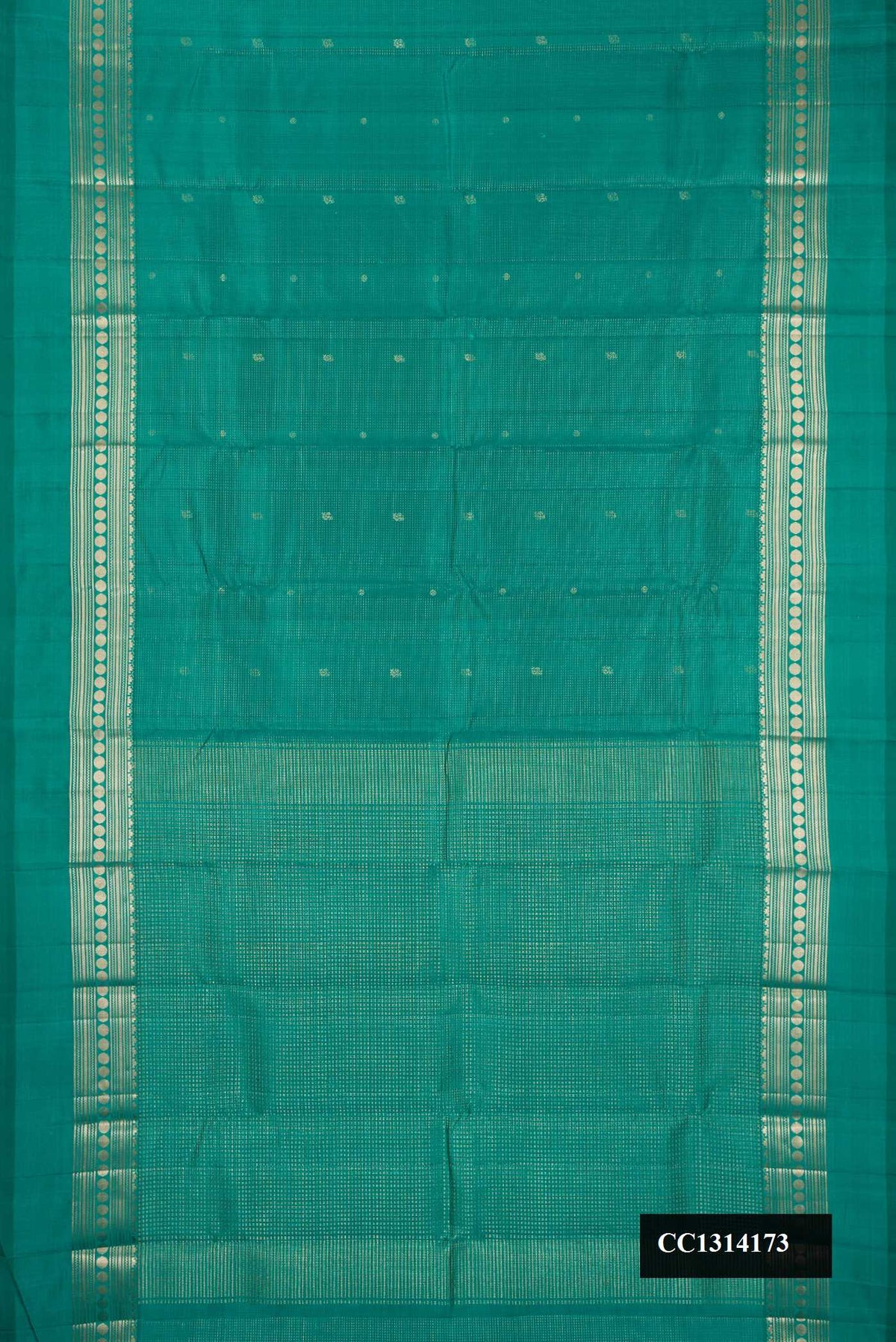 Green Dual Tone Kanchipuram Silk Saree with Stripes on the body and Zari Border.  displayed on a mannequin