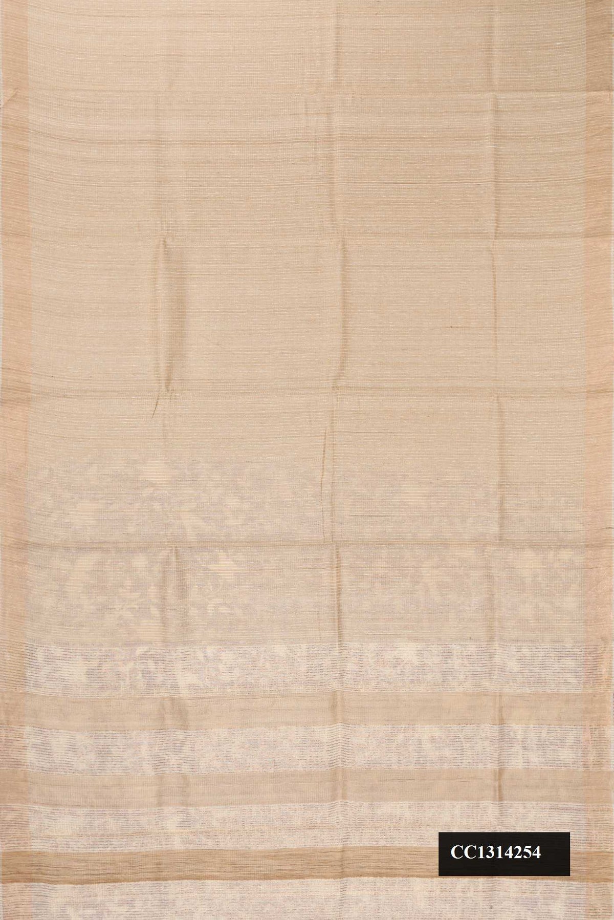 Beige Dual Tone Tussar Silk Saree with Stripes on the body and Embroidered Border.  displayed on a mannequin