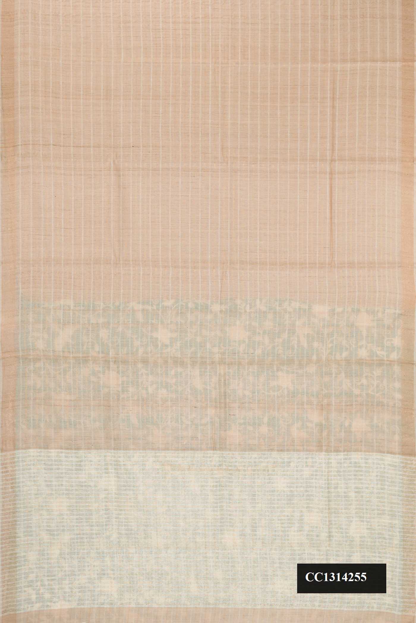 Beige Dual Tone Tussar Silk Saree with Stripes on the body and Embroidery Border.  displayed on a mannequin