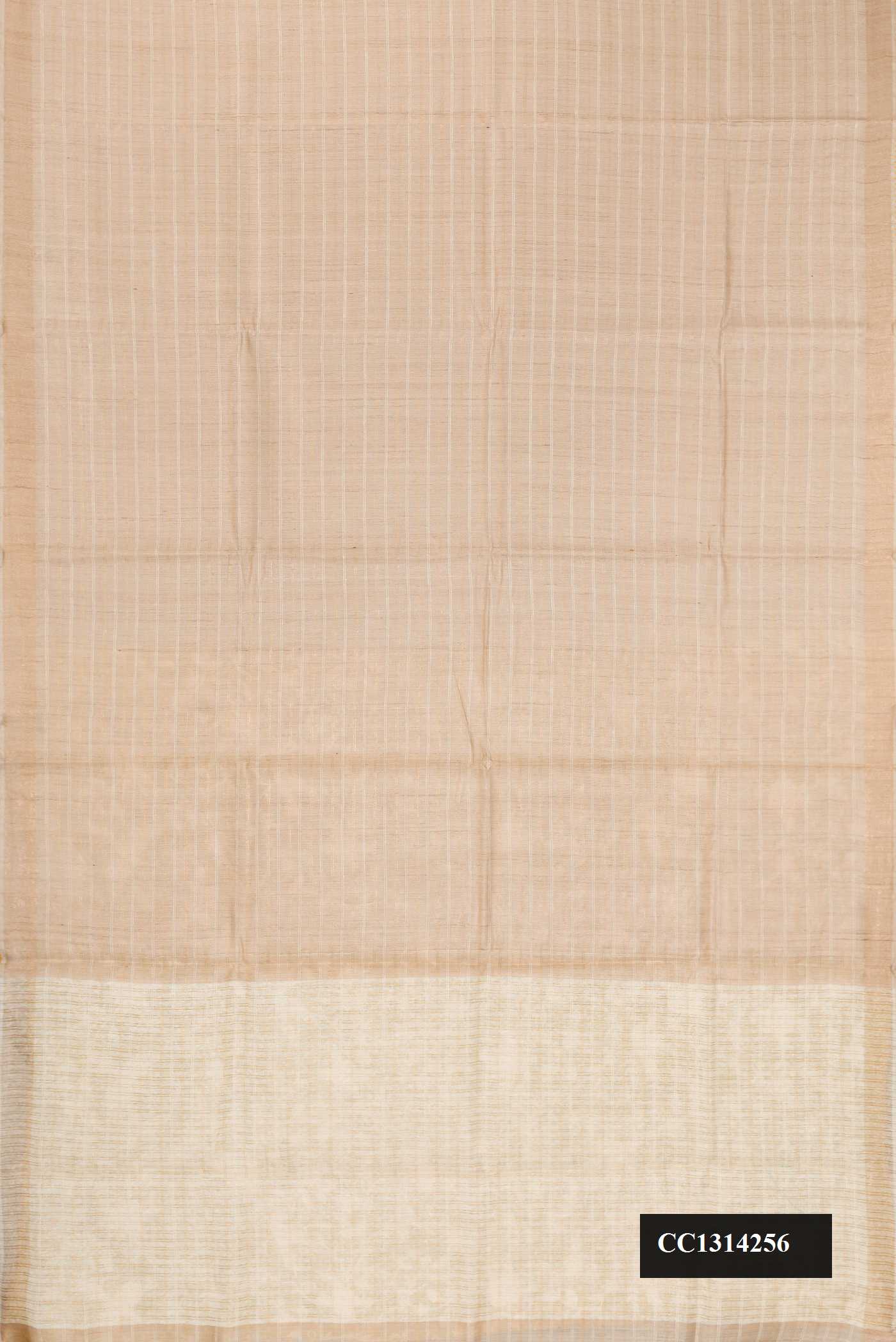 Beige Dual Tone Tussar Silk Saree with Stripes on the body and Embroidery Border.  displayed on a mannequin