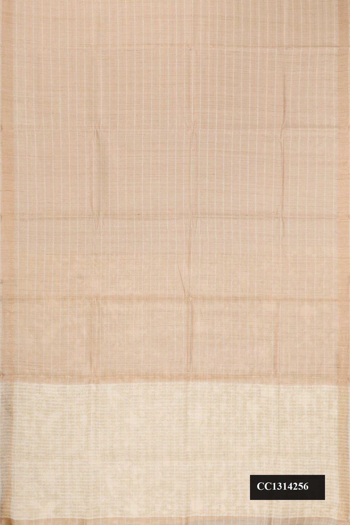 Beige Dual Tone Tussar Silk Saree with Stripes on the body and Embroidery Border.  displayed on a mannequin