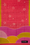 Red Dual Tone Tussar Silk Saree with Printed design on the body and Embroidery Border.  displayed on a mannequin