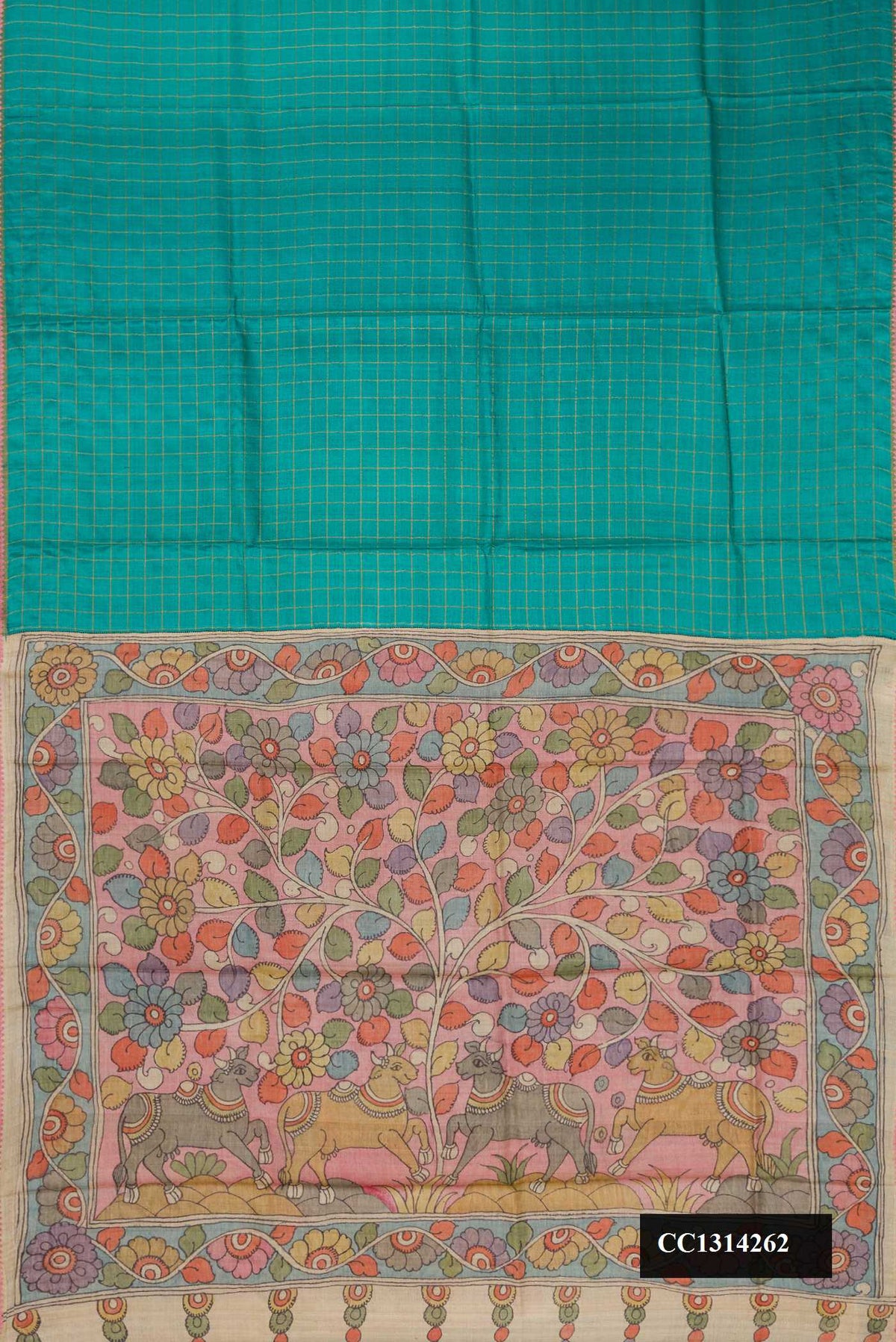 Green Dual Tone Tussar Silk Saree with Checked design on the body and Embroidered Border.  displayed on a mannequin