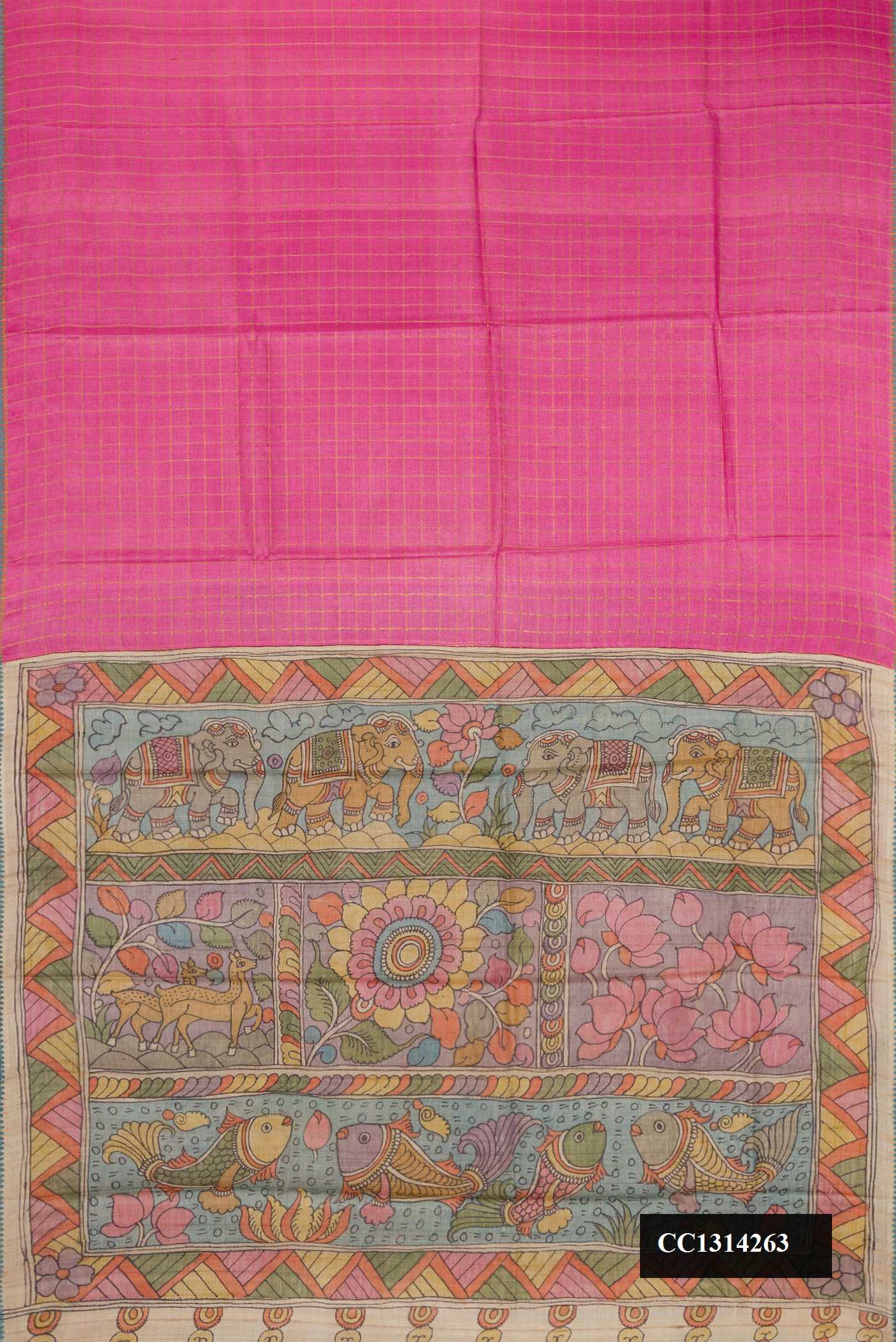 Pink Dual Tone Tussar Silk Saree with Checked design on the body and Embroidery Border.  displayed on a mannequin
