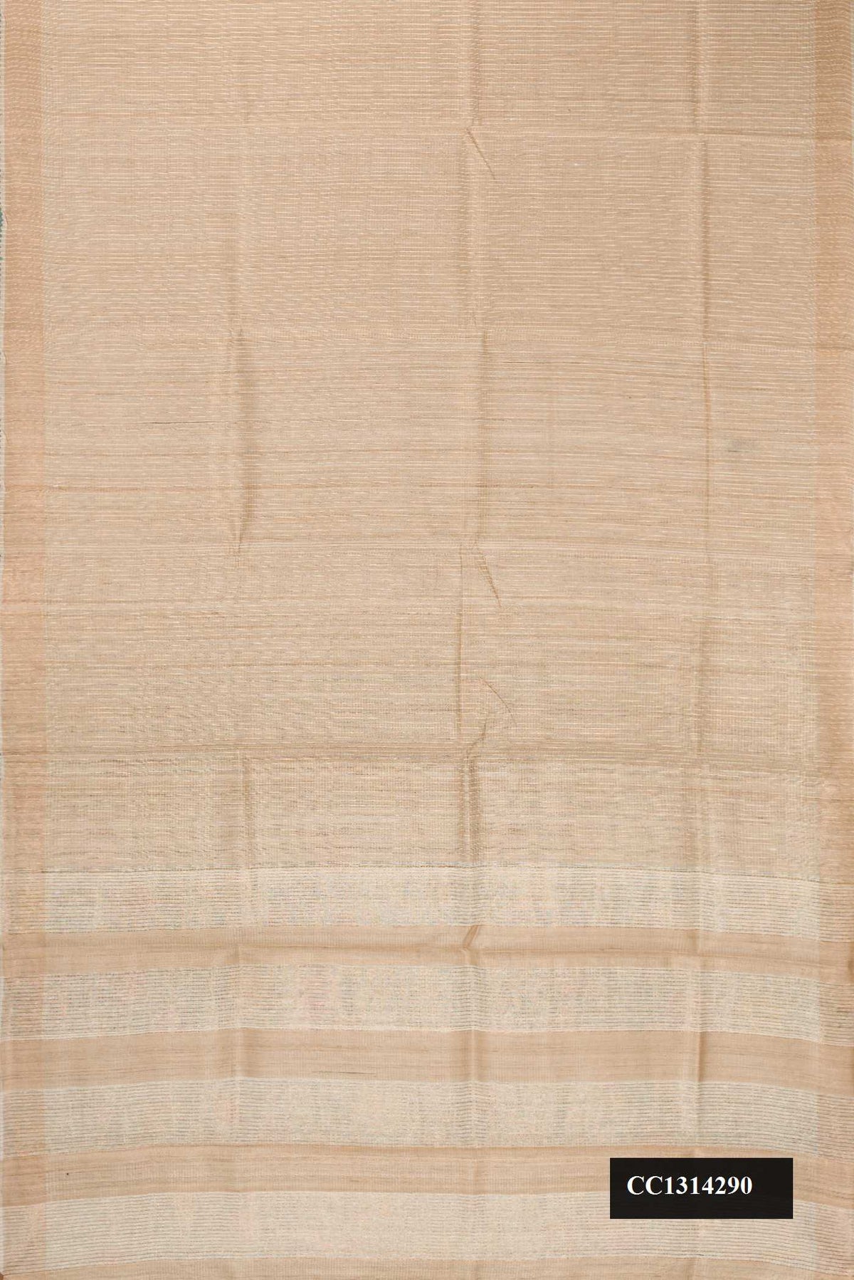 Beige Dual Tone Tussar Silk Saree with Stripes on the body and Embroidered Border.  displayed on a mannequin