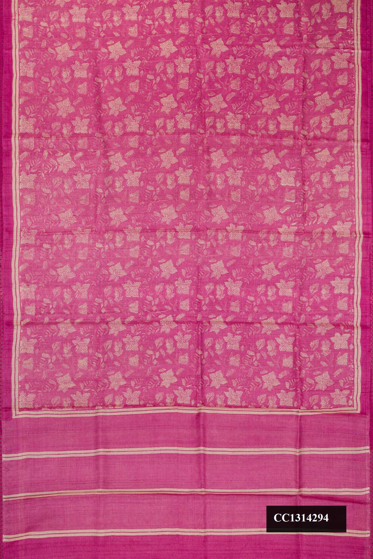 Pink Dual Tone Tussar Silk Saree with Printed design on the body and Embroidered Border.  displayed on a mannequin
