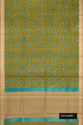 Mehandi Green Dual Tone Tussar Silk Saree with Printed design on the body and Zari Border.  displayed on a mannequin