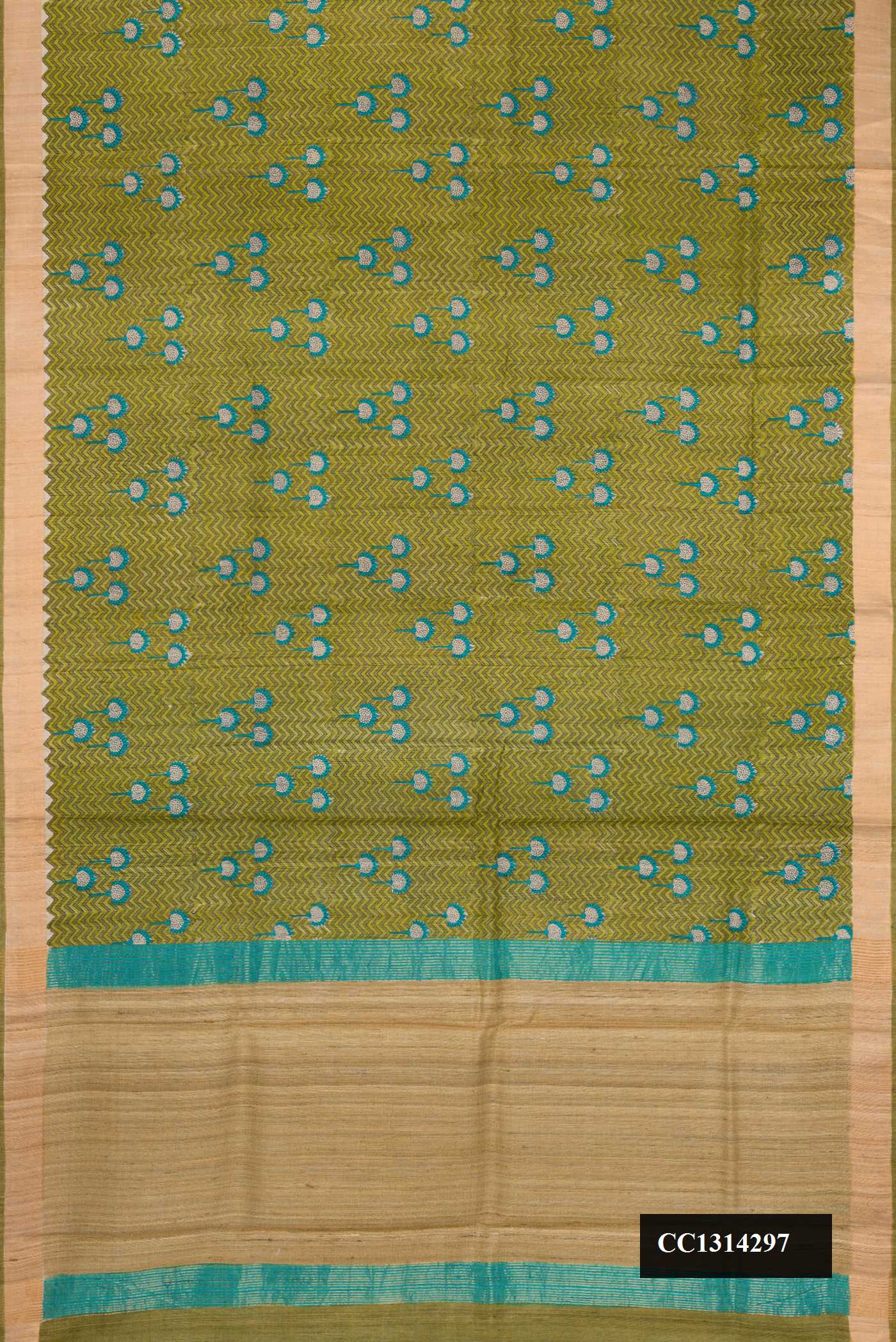 Mehandi Green Dual Tone Tussar Silk Saree with Printed design on the body and Zari Border.  displayed on a mannequin