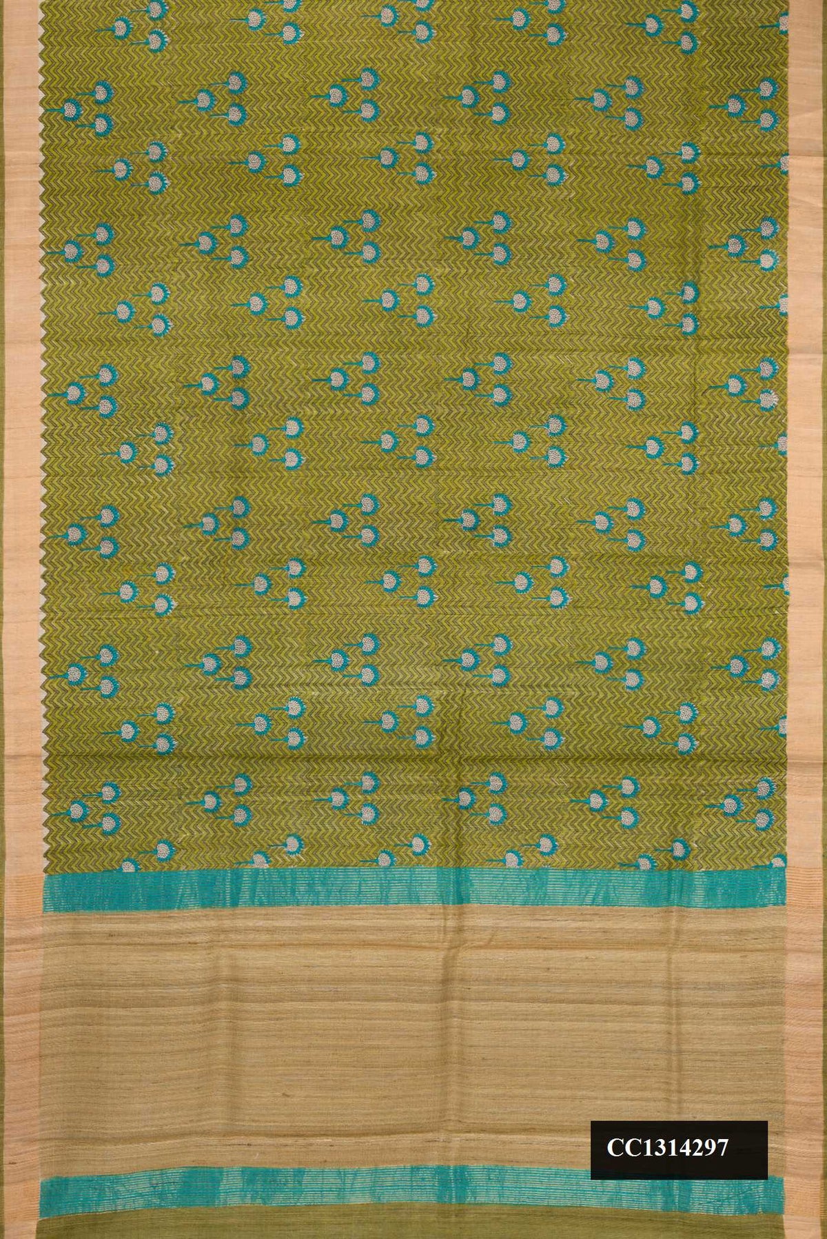 Mehandi Green Dual Tone Tussar Silk Saree with Printed design on the body and Zari Border.  displayed on a mannequin