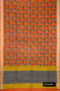 Orange Dual Tone Tussar Silk Saree with Printed design on the body and Zari Border.  displayed on a mannequin
