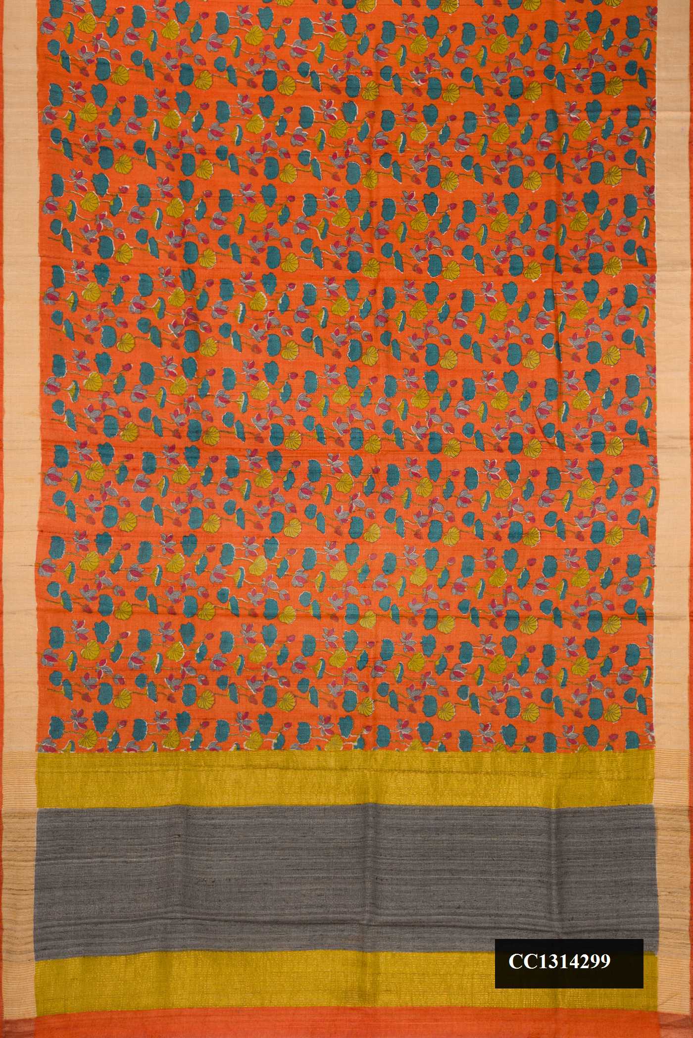 Orange Dual Tone Tussar Silk Saree with Printed design on the body and Zari Border.  displayed on a mannequin