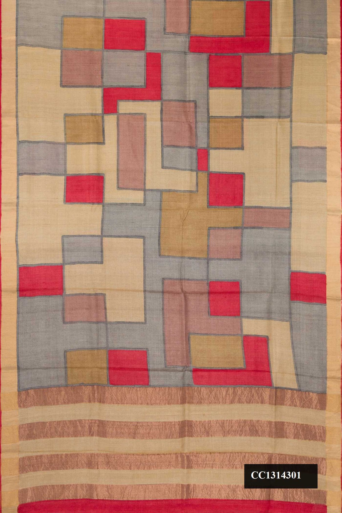 Beige Dual Tone Tussar Silk Saree with Checked design on the body and Zari Border.  displayed on a mannequin