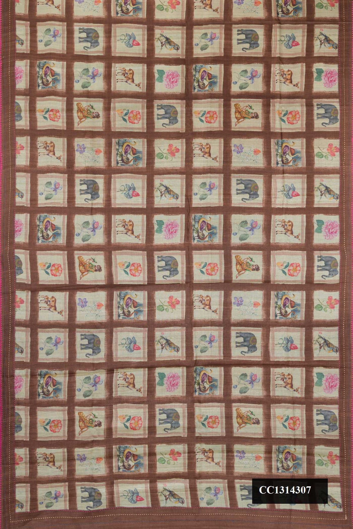 Brown Dual Tone Tussar Silk Saree with Checked design on the body and Embroidery Border.  displayed on a mannequin