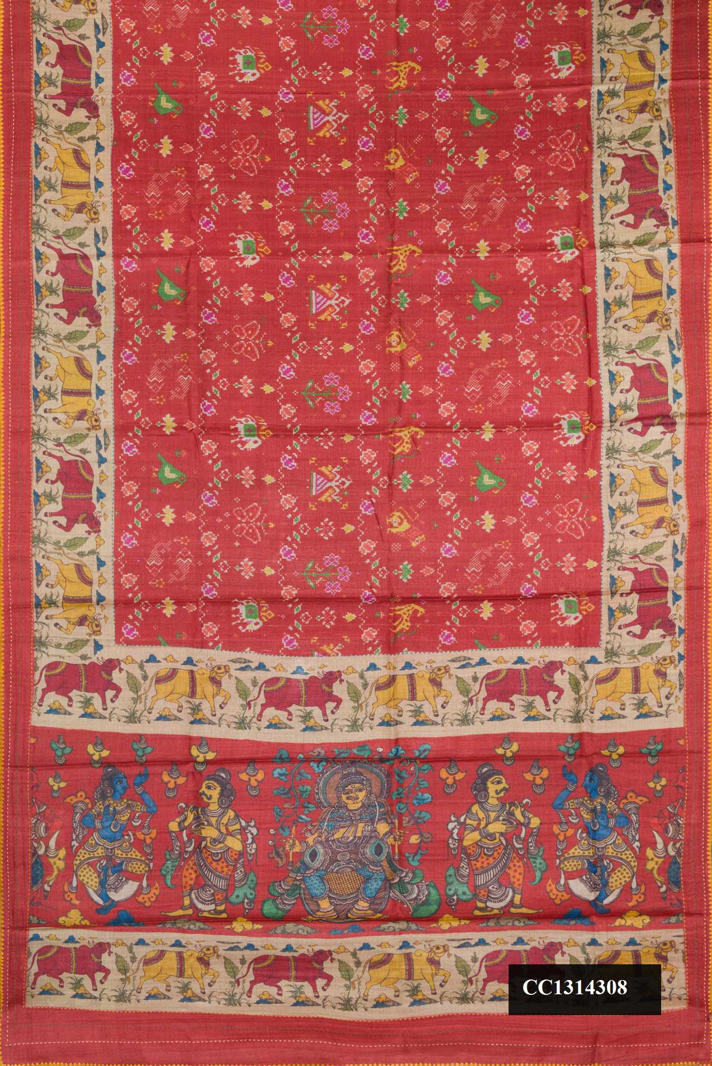 Maroon Dual Tone Tussar Silk Saree with Printed design on the body and Embroidery Border.  displayed on a mannequin