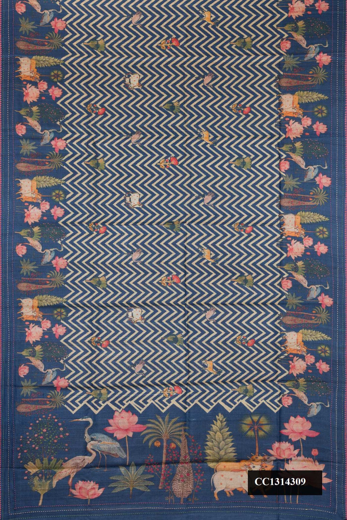 Navy Blue Dual Tone Tussar Silk Saree with Printed design on the body and Fancy Border.  displayed on a mannequin