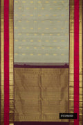 Grey Dual Tone Kanchipuram Silk Saree with Zari Butta on the body and Zari Border.  displayed on a mannequin