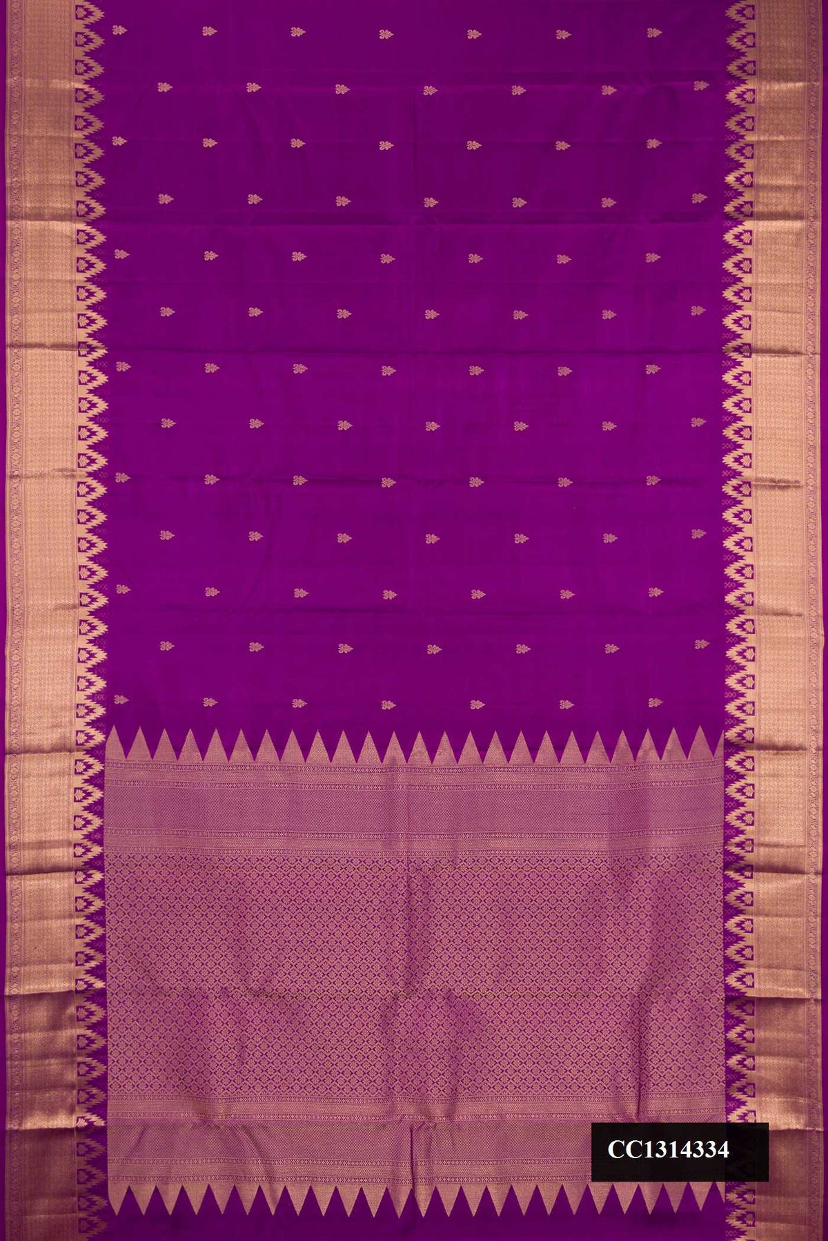Purple Dual Tone Kanchipuram Silk Saree with Zari Butta on the body and Fancy Border.  displayed on a mannequin