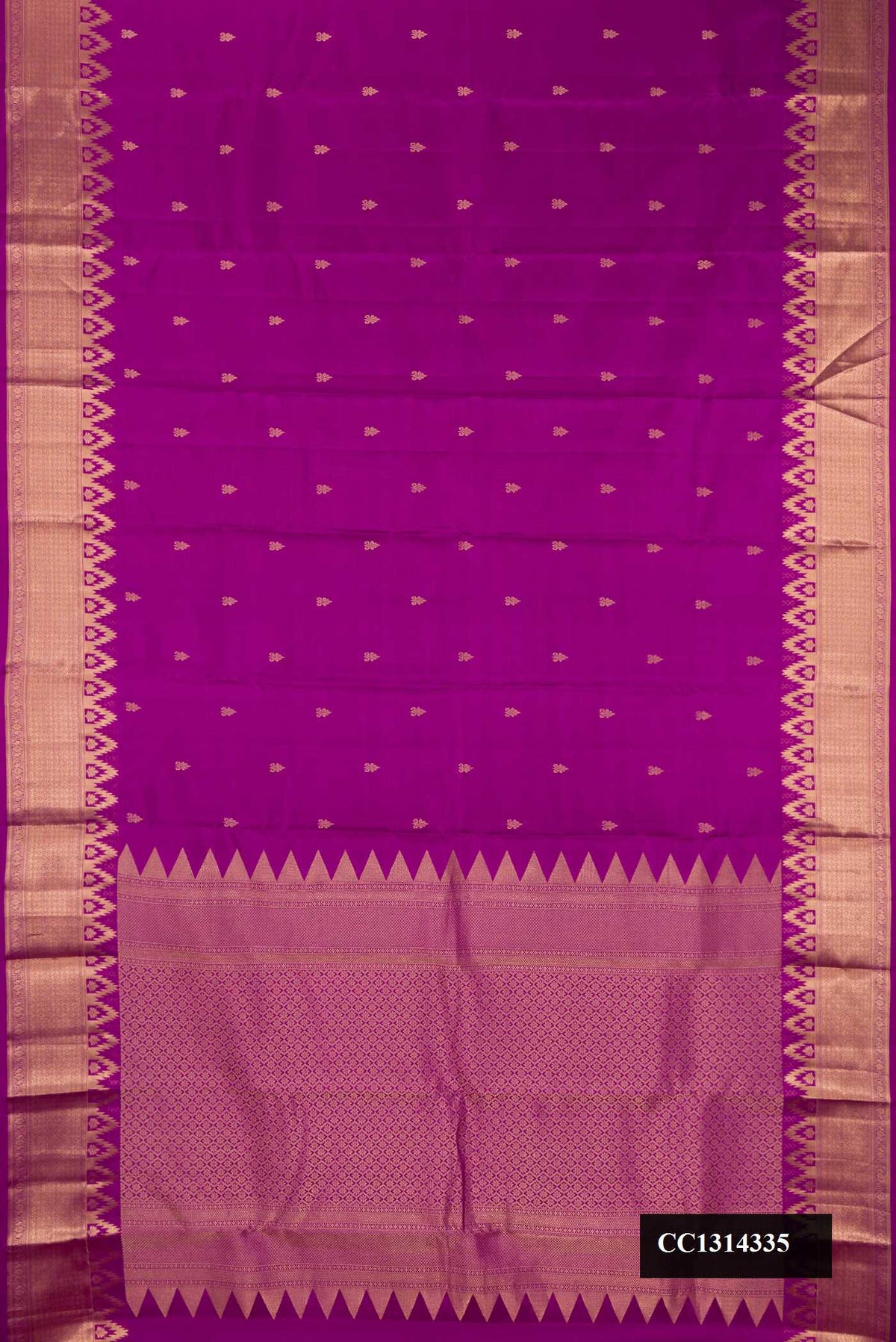 Purple Dual Tone Kanchipuram Silk Saree with Zari Butta on the body and Zari Border.  displayed on a mannequin