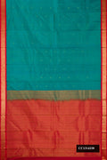 Peacock Blue Dual Tone Kanchipuram Silk Saree with Zari Butta on the body and Zari Border.  displayed on a mannequin