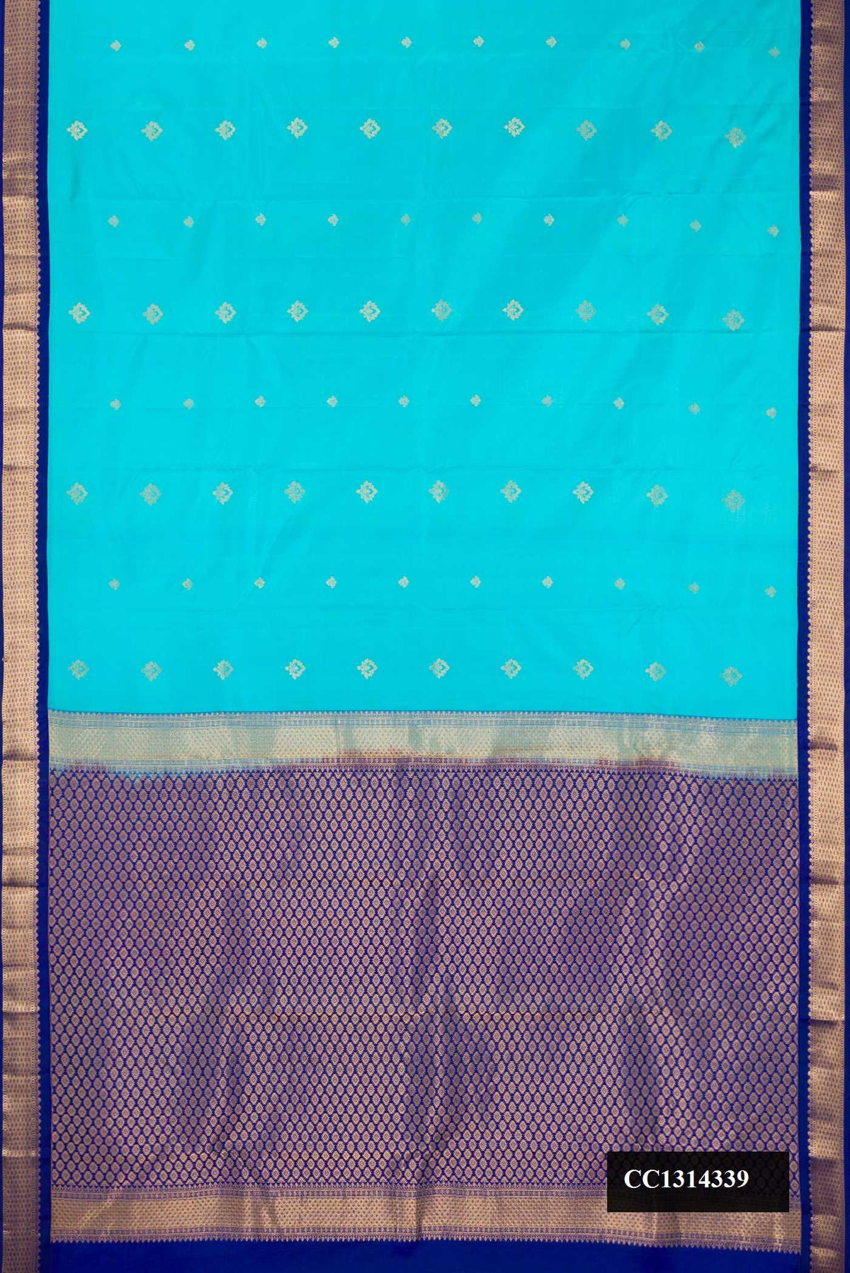 Sky Blue Dual Tone Kanchipuram Silk Saree with Zari Butta on the body and Zari Border.  displayed on a mannequin