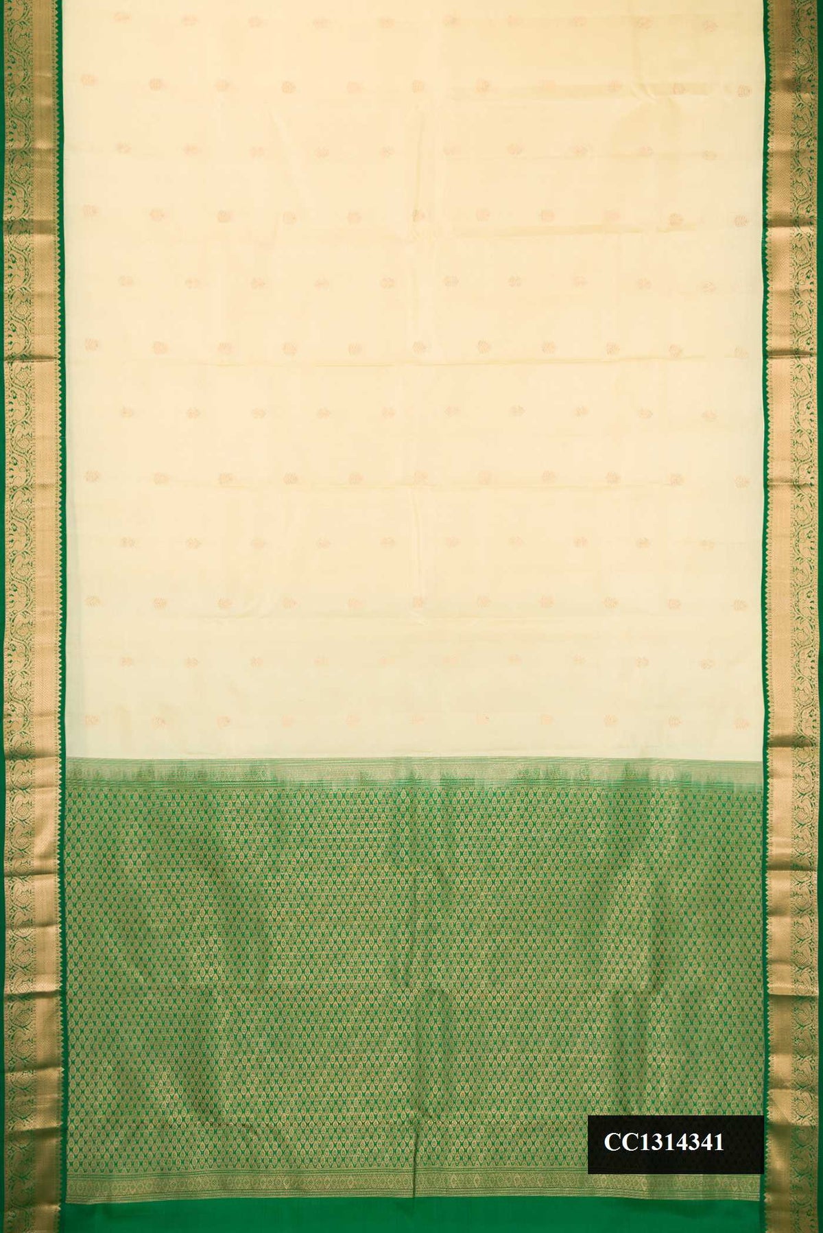 Sandal Dual Tone Kanchipuram Silk Saree with Zari Butta on the body and Zari Border.  displayed on a mannequin